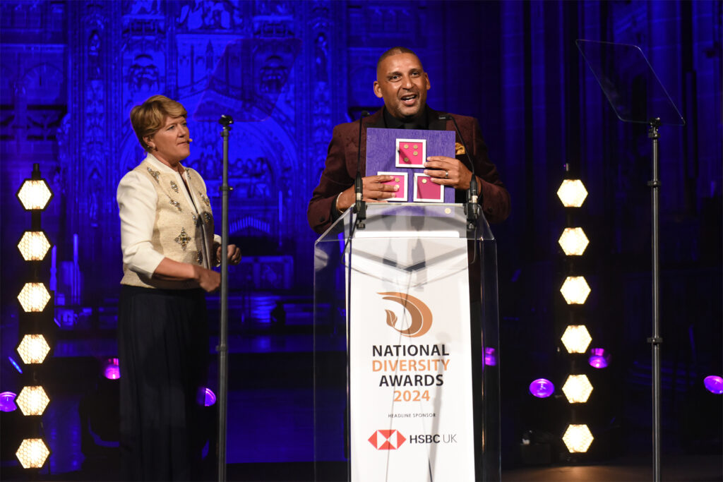 Clare Balding CBE alongside Paul Sesay presenting the 2024 National Diversity Awards. 